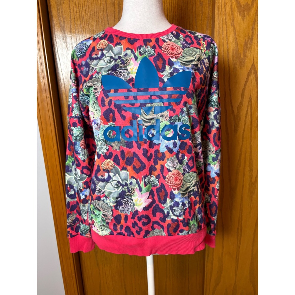 Adidas Originals Girls Large Pink Leopard Succulent Floral Trefoil Sweatshirt